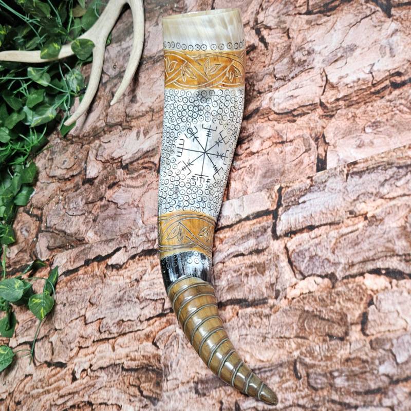 Mjolnir and Vegvisir Drinking Horn w/ holder