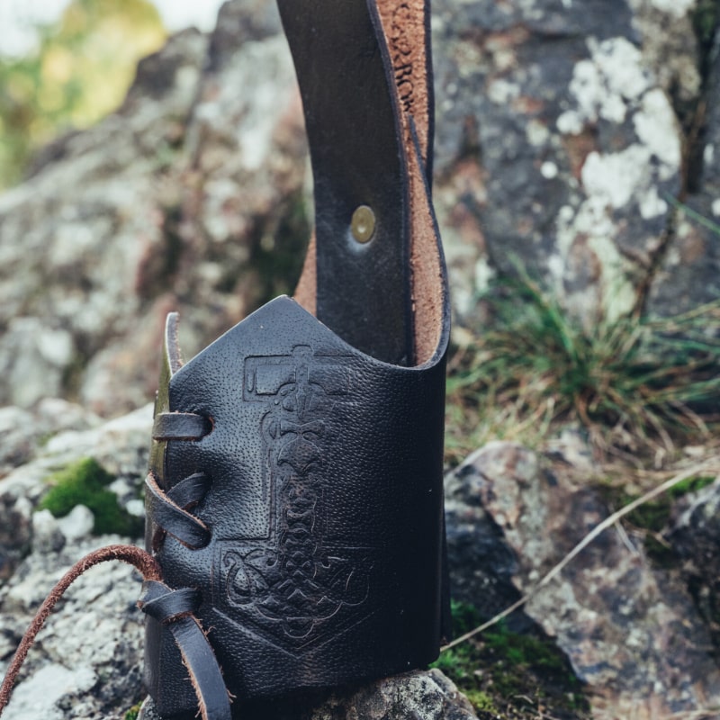 Mjolnir Embossed Leather Viking Drinking Horn Holder