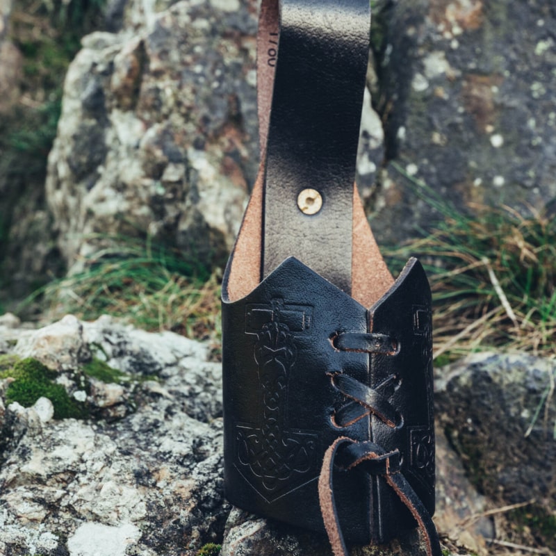 Mjolnir Embossed Leather Viking Drinking Horn Holder