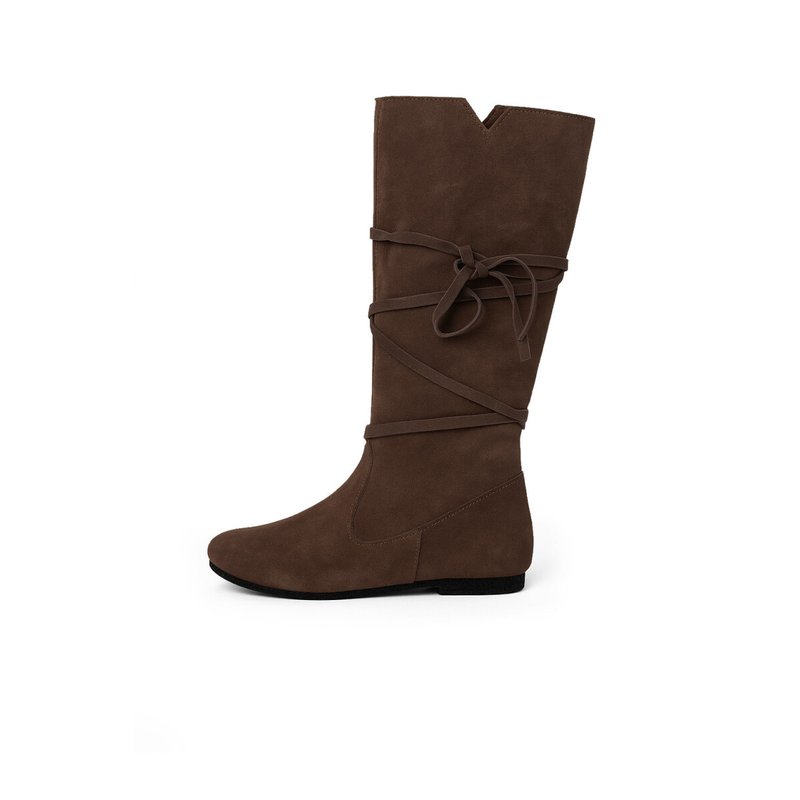 Suede Knee-High Medieval Boots with V-Cut & Wrap Straps - Product image 2