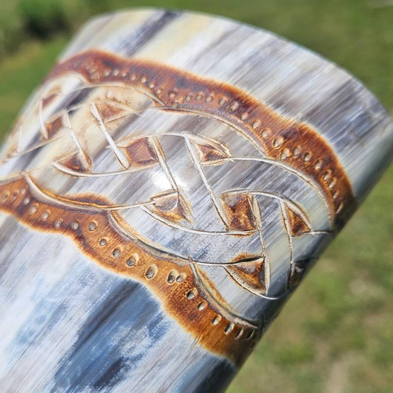 Mjolnir Viking Drinking Horn with Goat Hide Holder | Ox Horn Mead Mug