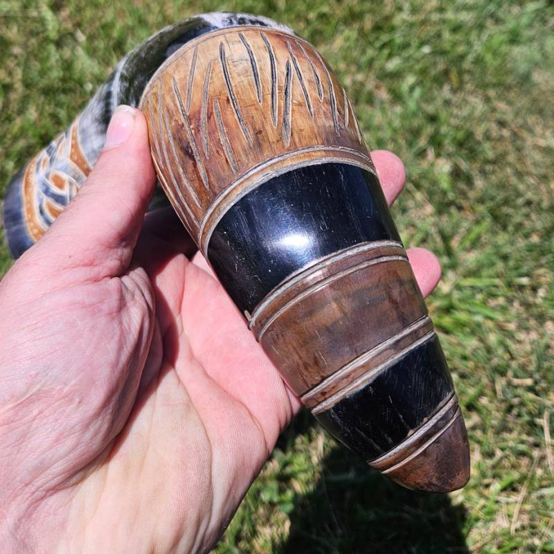 Mjolnir Viking Drinking Horn with Goat Hide Holder | Ox Horn Mead Mug