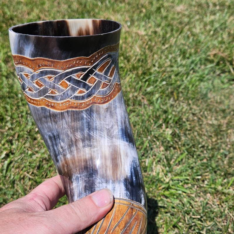 Mjolnir Viking Drinking Horn with Goat Hide Holder | Ox Horn Mead Mug