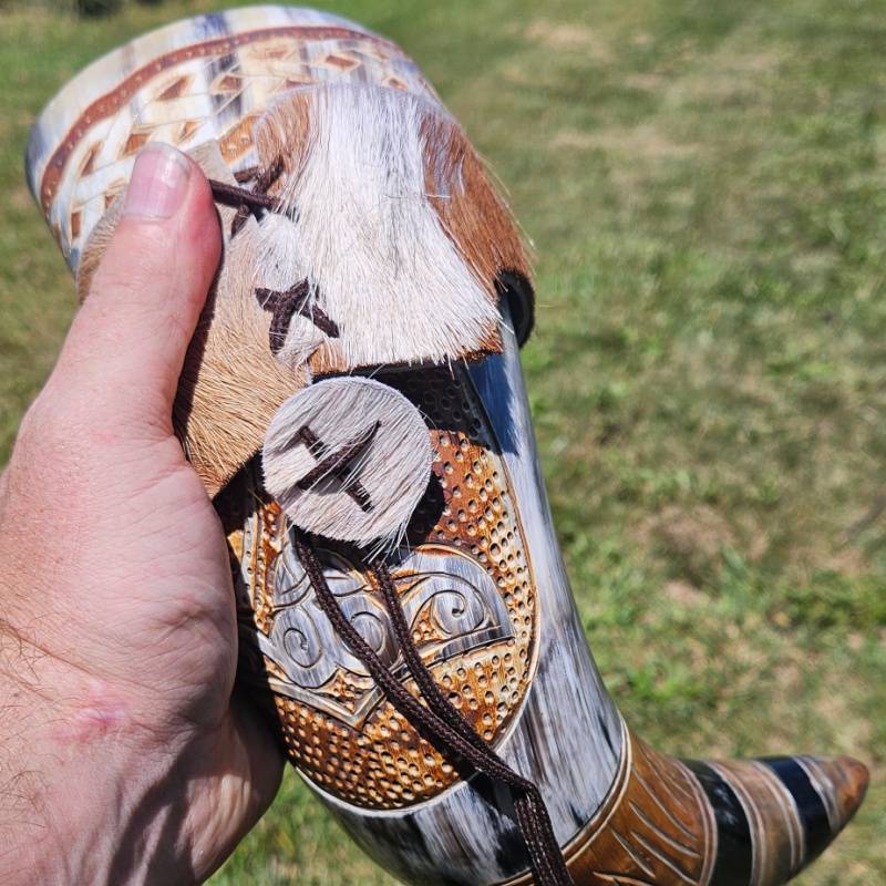 Mjolnir Viking Drinking Horn with Goat Hide Holder | Ox Horn Mead Mug