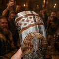 Mjolnir Viking Drinking Horn with Goat Hide Holder | Ox Horn Mead Mug