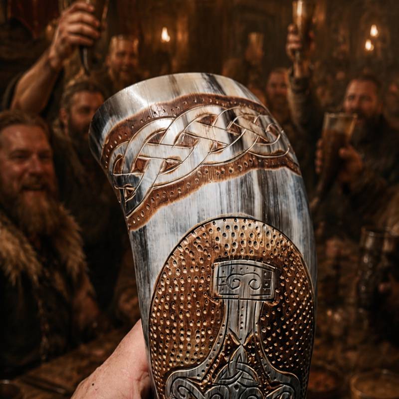 Mjolnir Viking Drinking Horn with Goat Hide Holder | Ox Horn Mead Mug