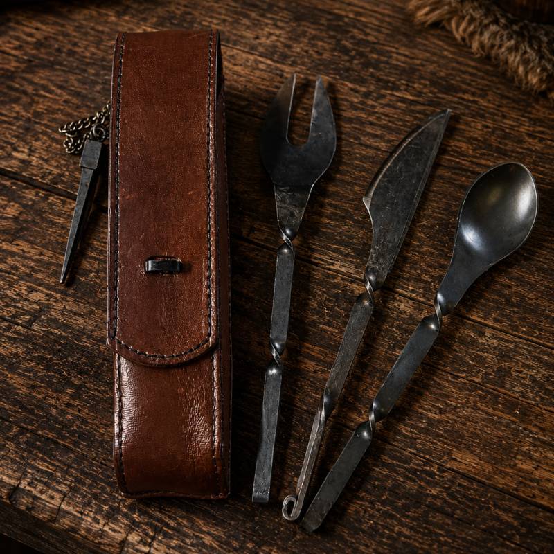 Viking Medieval Cutlery Set | Steel Utensils with Leather Belt Case