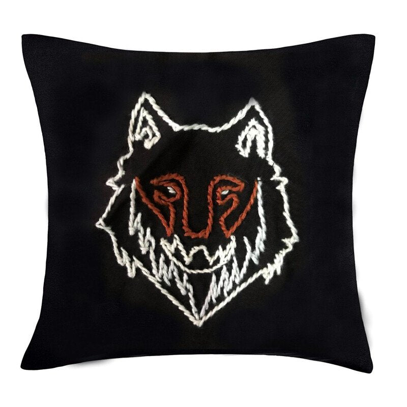 Geri Cushion Cover — Hand-Embroidered Wolf Motif