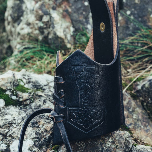 Mjolnir Embossed Leather Viking Drinking Horn Holder