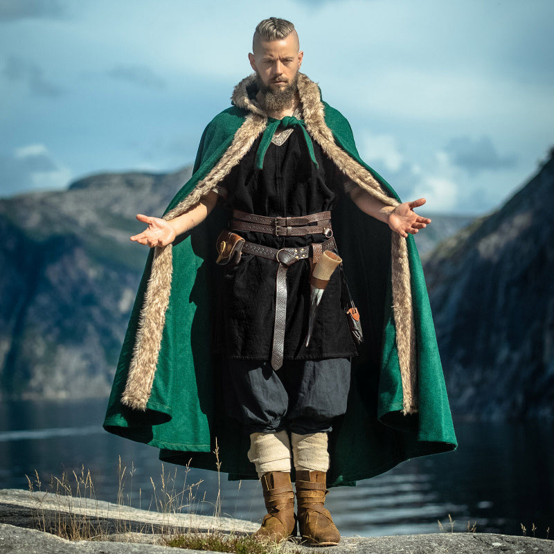 Viking Wool Cloak with Nordic Faux Fur Trim