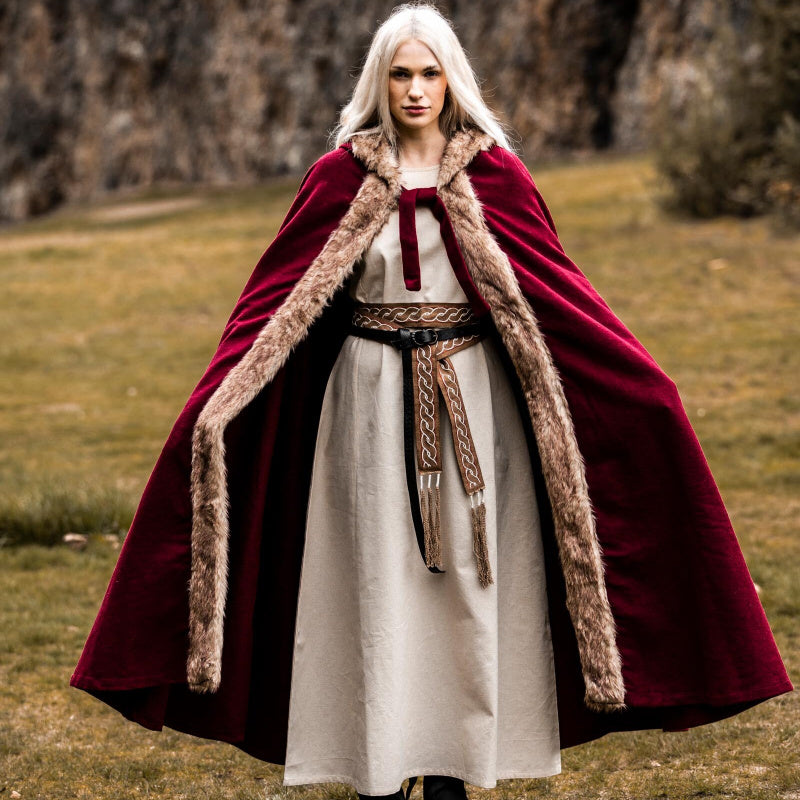 Viking Wool Cloak with Nordic Faux Fur Trim