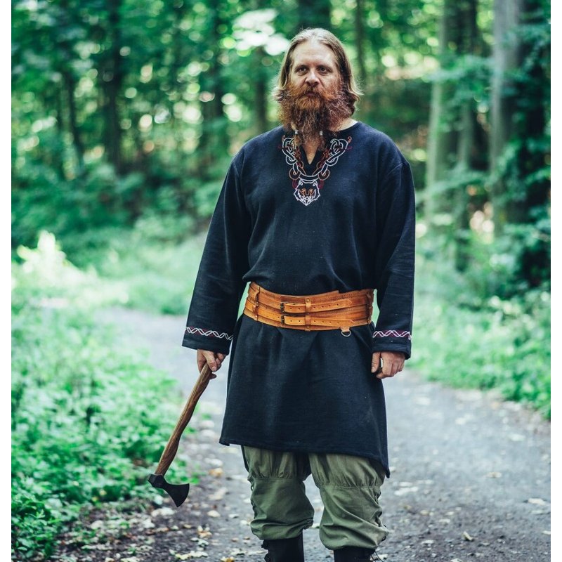 Freki Viking Tunic with Hand-Embroidered Wolf Neckline